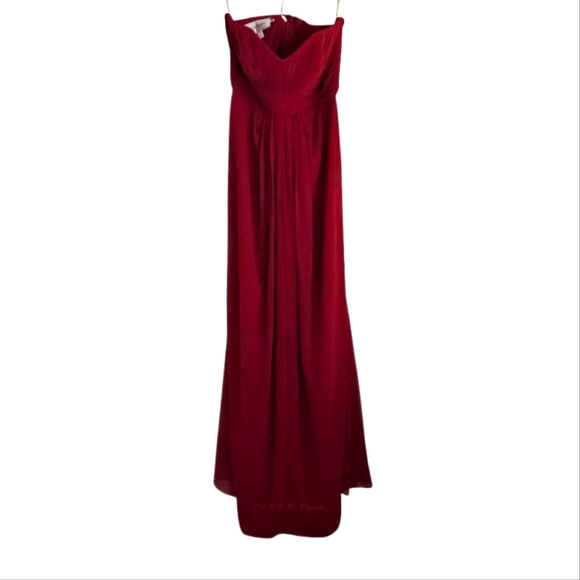 Davids Bridal Long Strapless Chiffon Dress w/Pleated Bodice Apple Red size 8 NWT - Picture 2 of 11